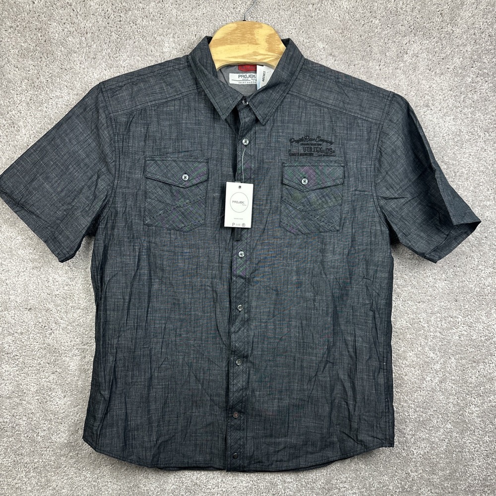 Projek Raw Gray Black Button Up Shirt Men XXL Summer Party Light Breathable